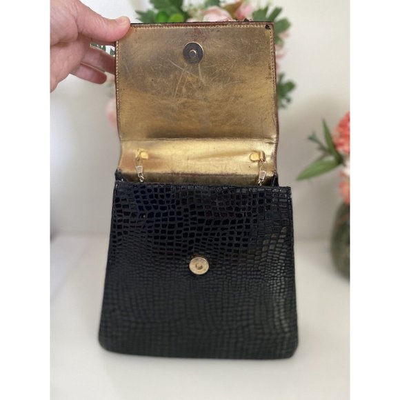 Vintage Costa Blanca Reptile Print Leather Clutch‎ Bag Black Crossbody Metal EUC - Picture 9 of 12